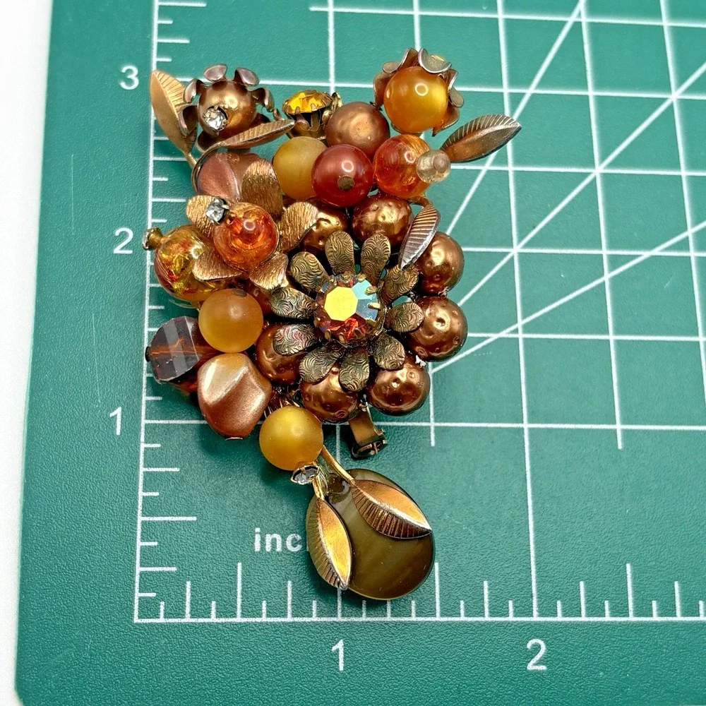 Vintage Brooch Flower AB Artglass Honey Bronze Thermoset Rhinestone MCM